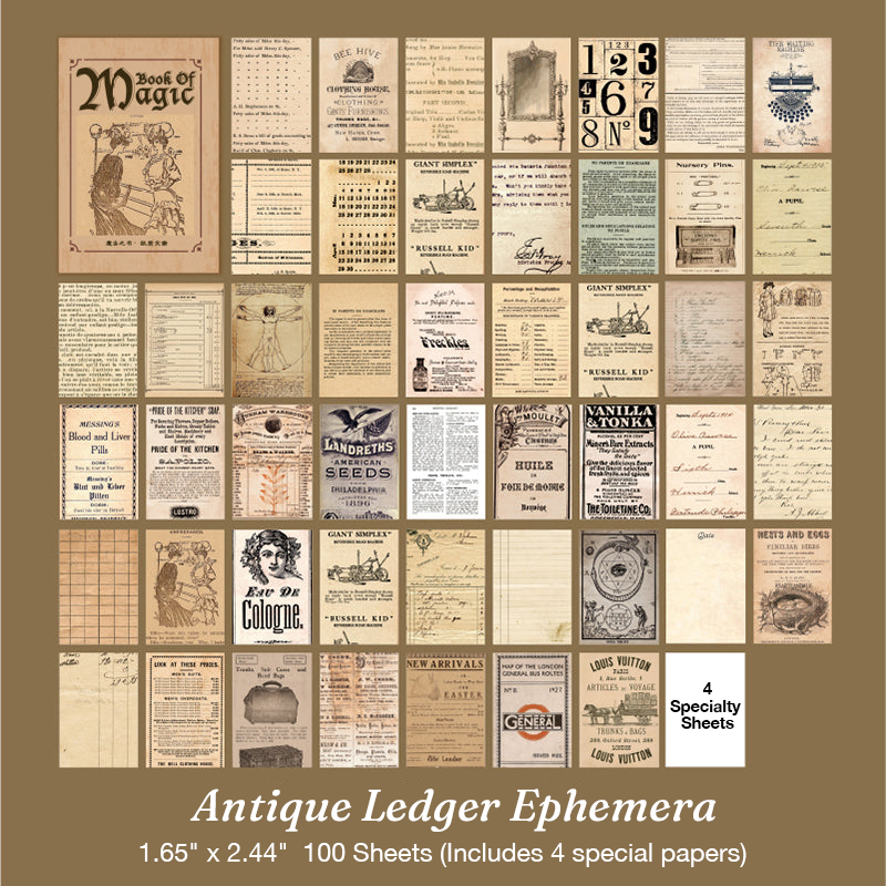 Antique ledger paper ephemera and vintage newspaper magic book stickers