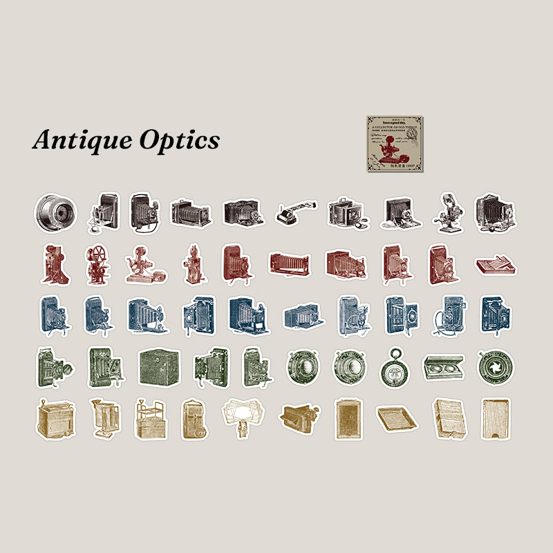 Antique optics and vintage camera line art stickers for retro scrapbooking