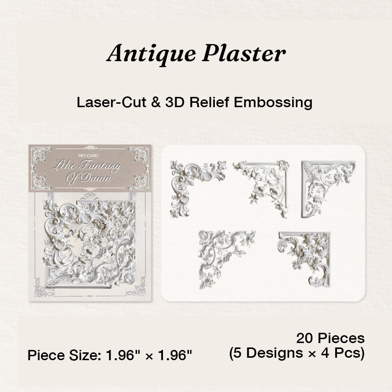 Variant image for the Antique Plaster style of the 3D relief floral corner frame ephemera. Showcases 20 laser-cut pieces in classic ivory white featuring Victorian architectural plaster and ornate molding designs with deep debossed texture.