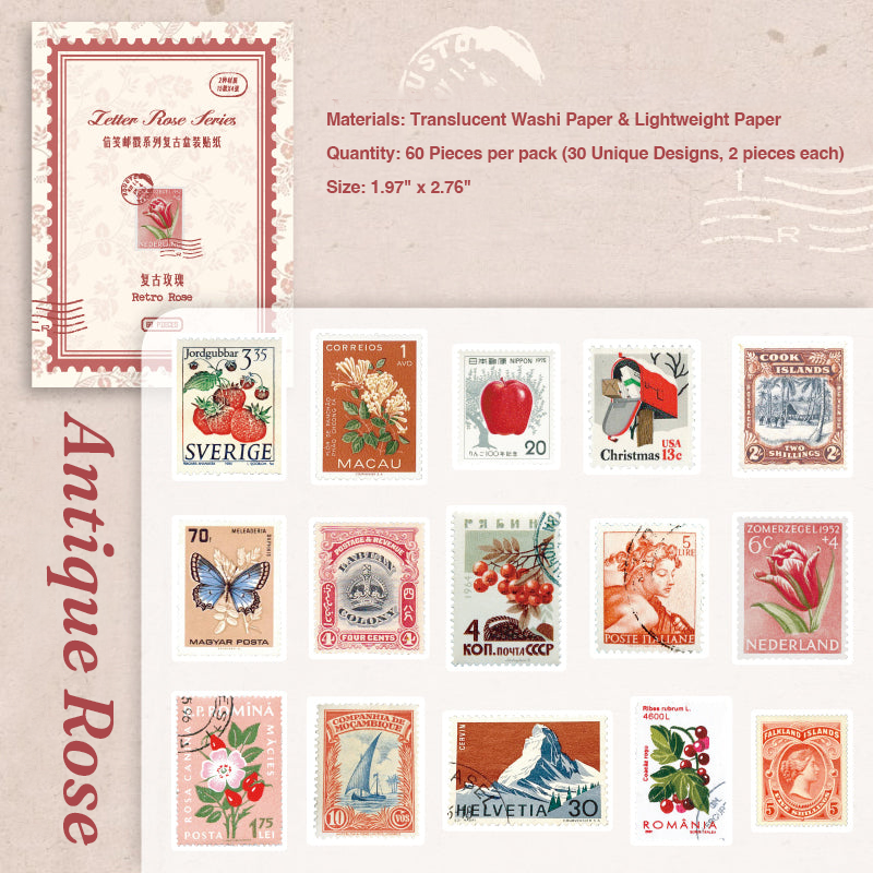 Antique rose pink vintage postage stamp stickers for romantic junk journal