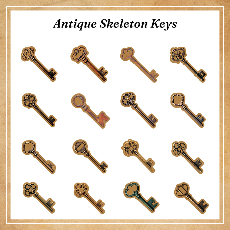 Vintage brass skeleton keys sticker sheet for dark academia journal