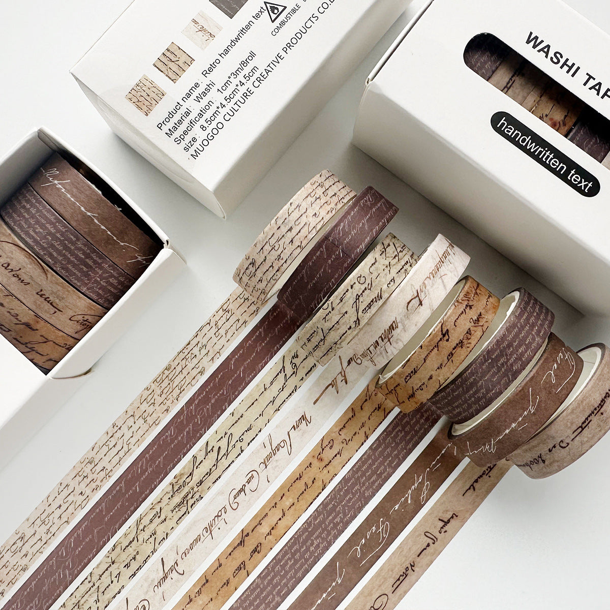 Variant image for the Antique Script vintage slim washi tape set. Showcases 8 rolls of sepia-toned handwritten letter aesthetic tape, ideal for Dark Academia scrapbooking.
