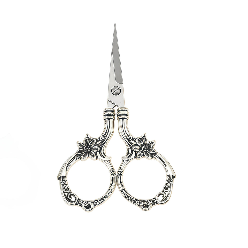Antique silver mini floral scissors with carved flower handles