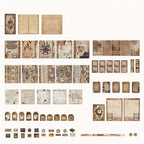 Variant image for the Antique Trinkets style of the 153-piece vintage junk journal kit. Displays a detailed layout of the hardcover notebook, antique ephemera, and aesthetic stickers included in this specific set.