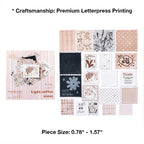 Variant image for the Antique Vines style of the vintage letterpress faux postage stamp ephemera pack. Showcases 20 detailed die-cut stamps in tan and black hues featuring botanical vine and vintage typography motifs, letterpress printed on premium textured specialty papers.