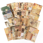Fanned mixed-media collage paper sheets with layered maps, vintage labels, and timeworn ephemera in warm earthy tones on a white background.