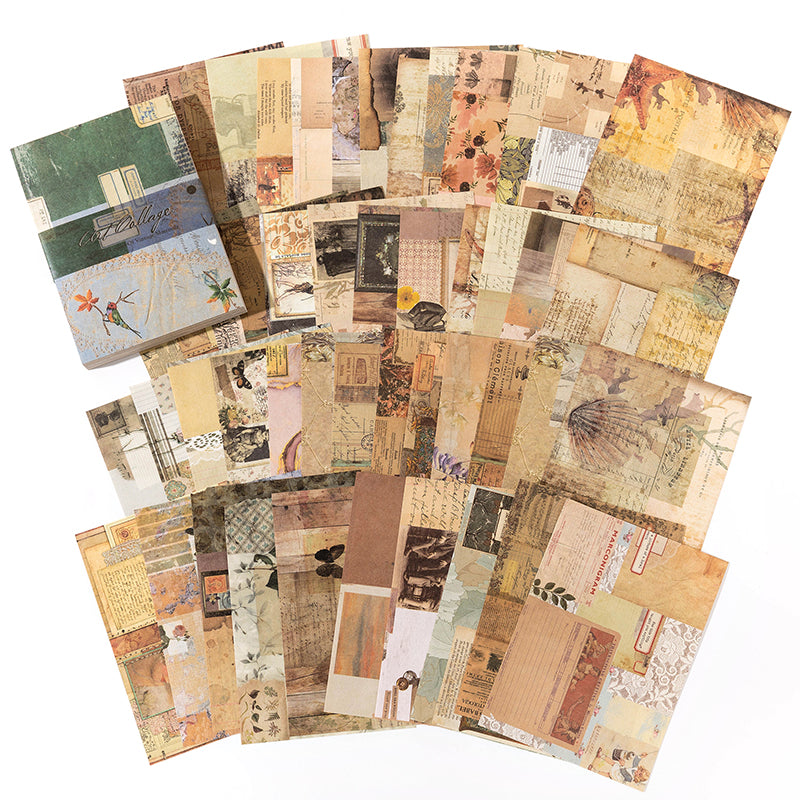 Fanned mixed-media collage paper sheets with layered maps, vintage labels, and timeworn ephemera in warm earthy tones on a white background.