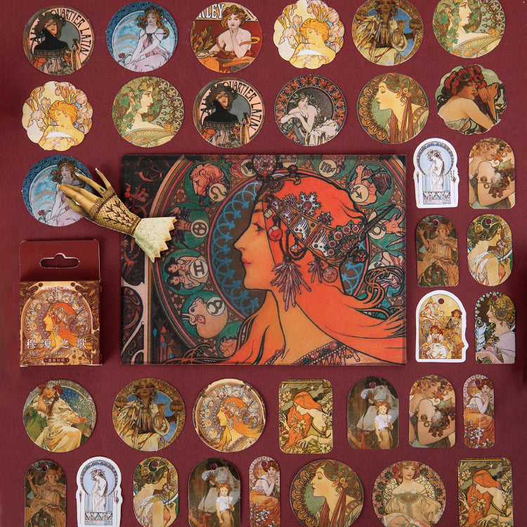 Art Nouveau Mucha stickers collection with 45 pieces featuring Japanese aesthetic for journaling and scrapbooking

