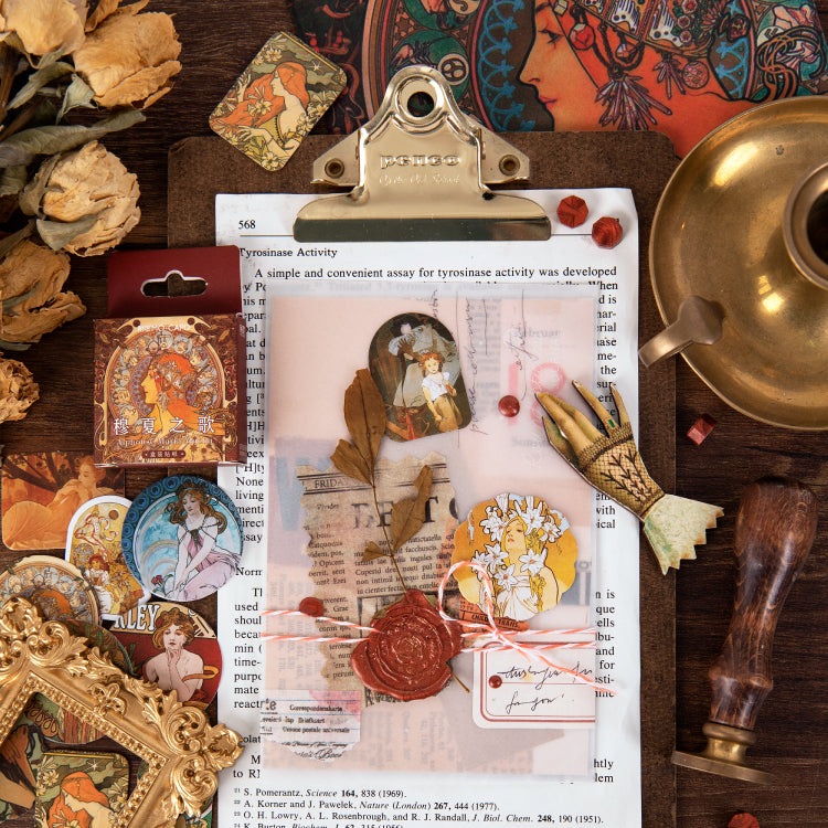 Artistic Mucha stickers display showing elegant Japanese-influenced Art Nouveau designs for scrapbooking