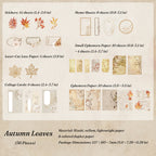 Warm amber autumn leaf scrapbook ephemera pack with maple stickers, lace cutouts, and botanical collage cards for vintage journal spreads