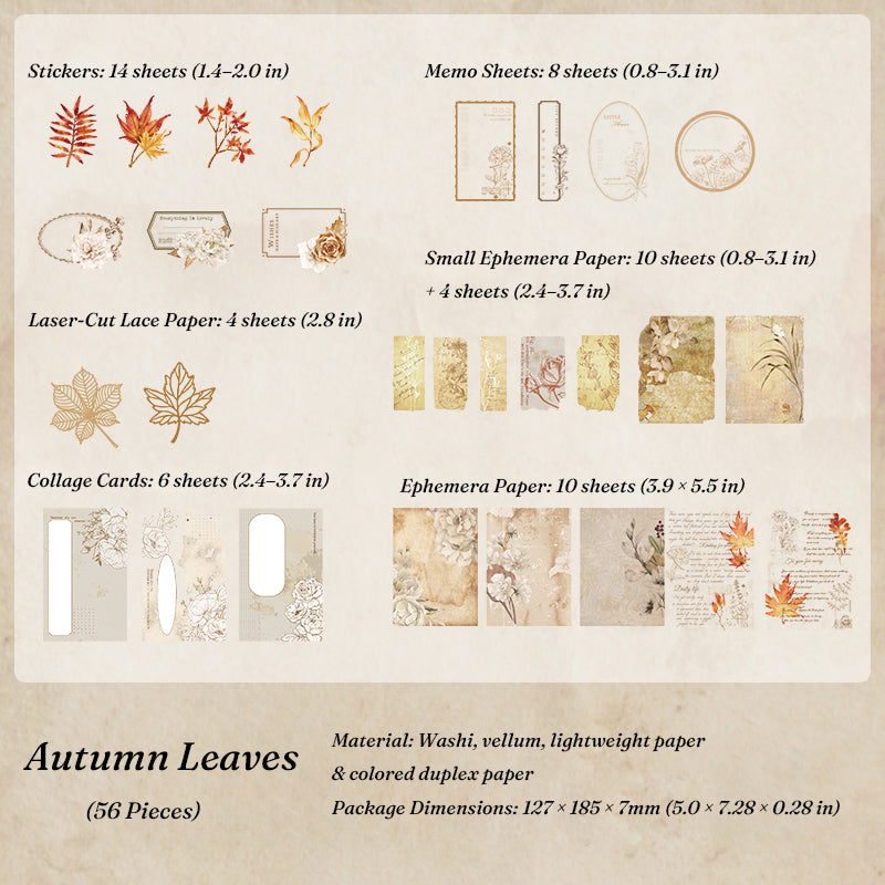 Warm amber autumn leaf scrapbook ephemera pack with maple stickers, lace cutouts, and botanical collage cards for vintage journal spreads
