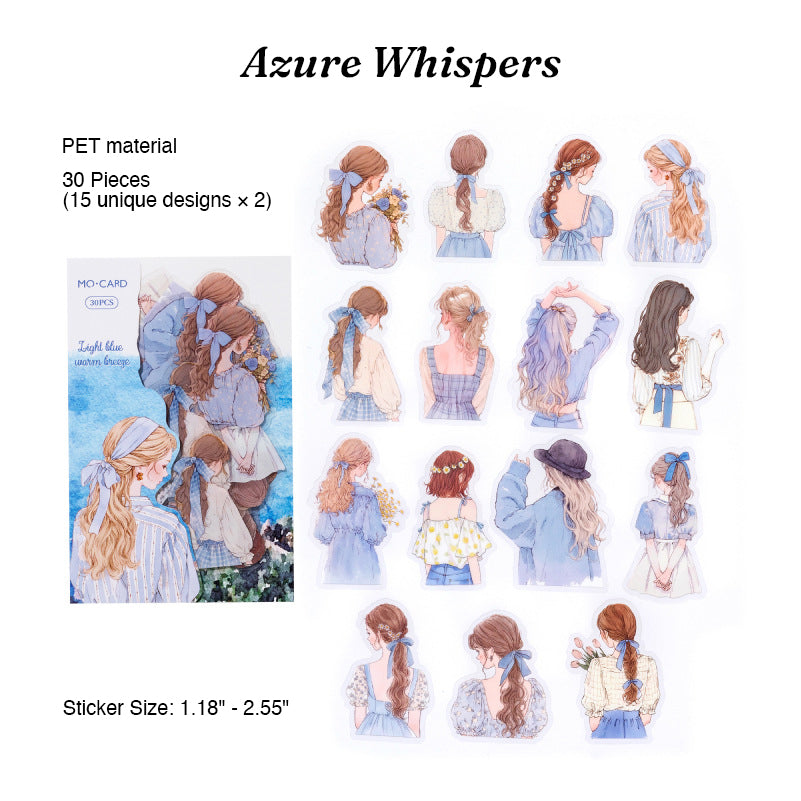 Variant image of the Azure Whispers transparent PET aesthetic girl stickers, marked with number 2. The packaging displays light blue watercolor art of a balcony. Inside are die-cut silhouette stickers of various girls, perfect for cool-toned vintage scrapbook layouts and bullet journaling on a rustic wooden surface with leaves.