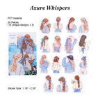 Variant image of the Azure Whispers transparent PET aesthetic girl stickers, marked with number 2. The packaging displays light blue watercolor art of a balcony. Inside are die-cut silhouette stickers of various girls, perfect for cool-toned vintage scrapbook layouts and bullet journaling on a rustic wooden surface with leaves.