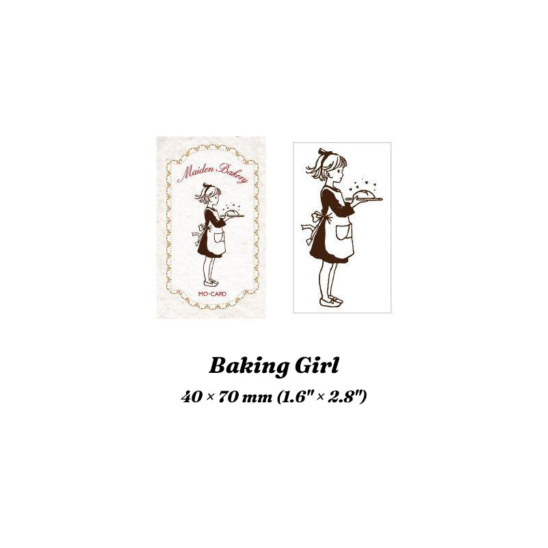 Baking Girl wood stamp with stamped impression of a girl holding a tray