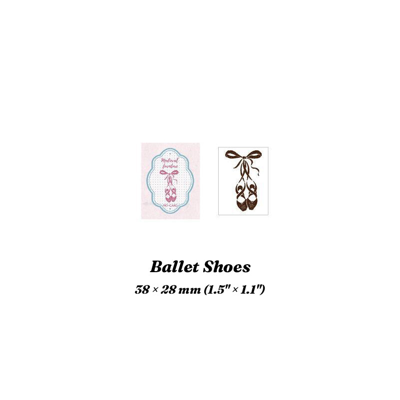 Ballet Shoes wood stamp with stamped impression of pointe shoes
