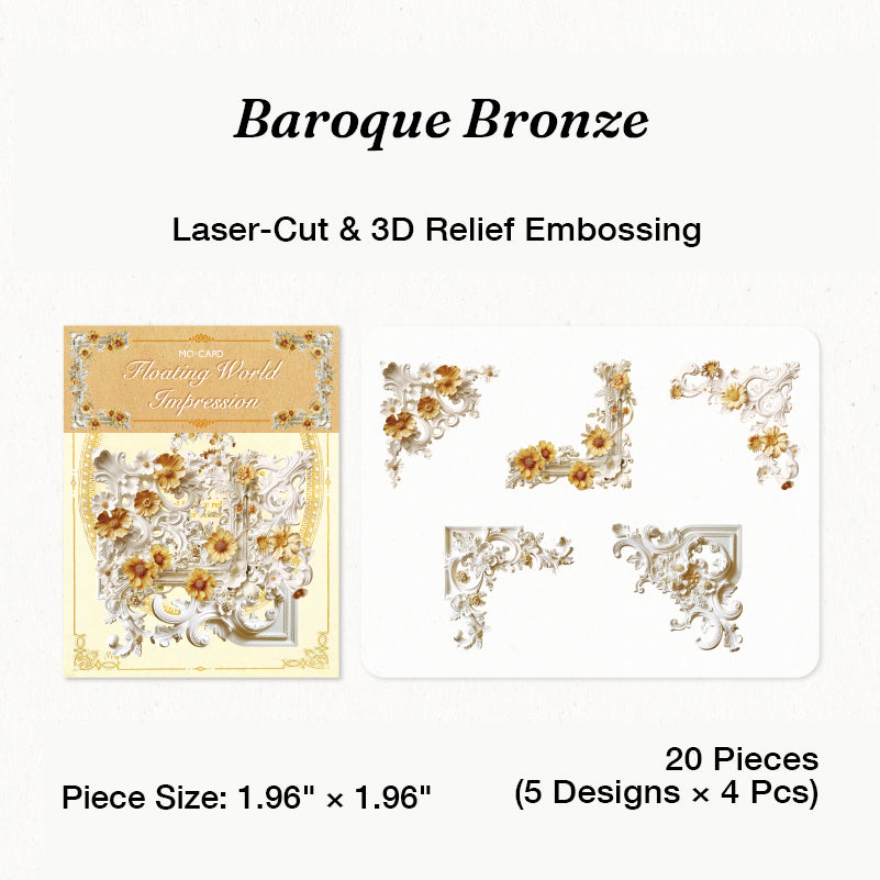 Variant image for the Baroque Bronze style of the 3D relief floral corner frame ephemera. Showcases 20 laser-cut pieces in deep bronze and brown hues featuring heavy baroque floral and antique wood-carved motifs with deep debossed texture.