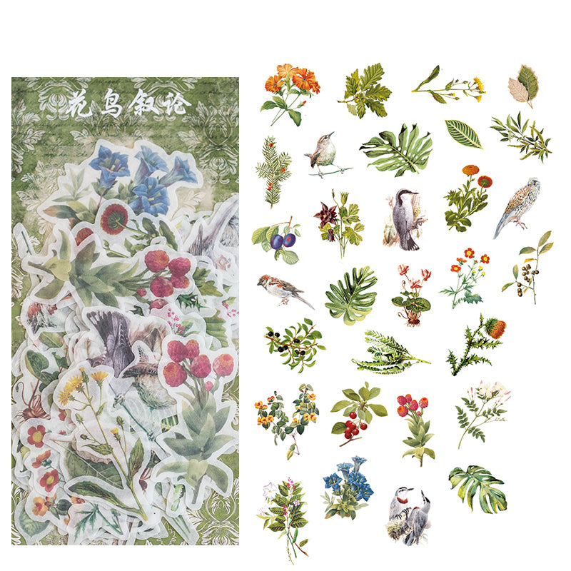 Birds and botanicals vintage washi stickers for planner decoration