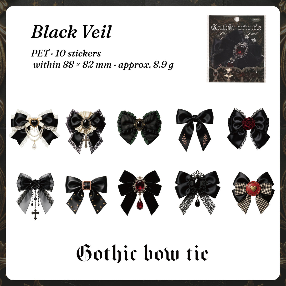 Gothic bow stickers style 3 — black lace and velvet bows, 10 pieces