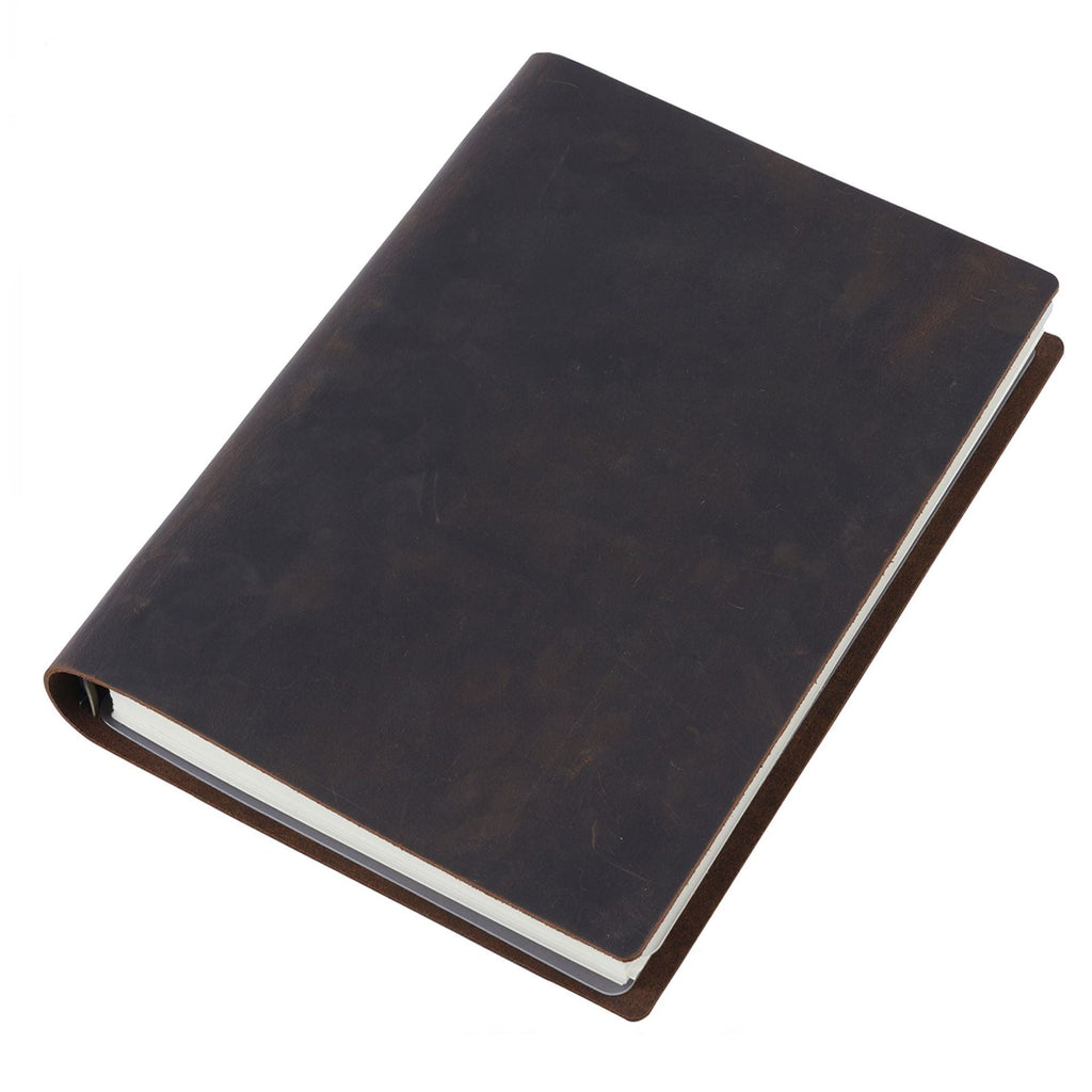 Black B5 leather ring binder journal angled view showing spine rings