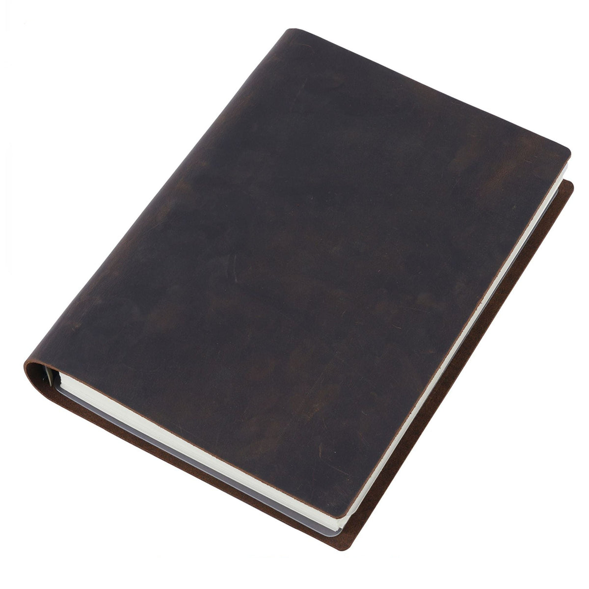 Black B5 leather ring binder journal angled view showing spine rings