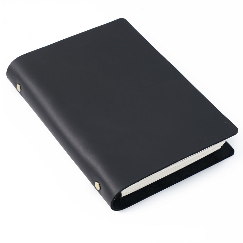 Black crazy horse leather A5 notebook with brass ring binder and vintage patina cover.