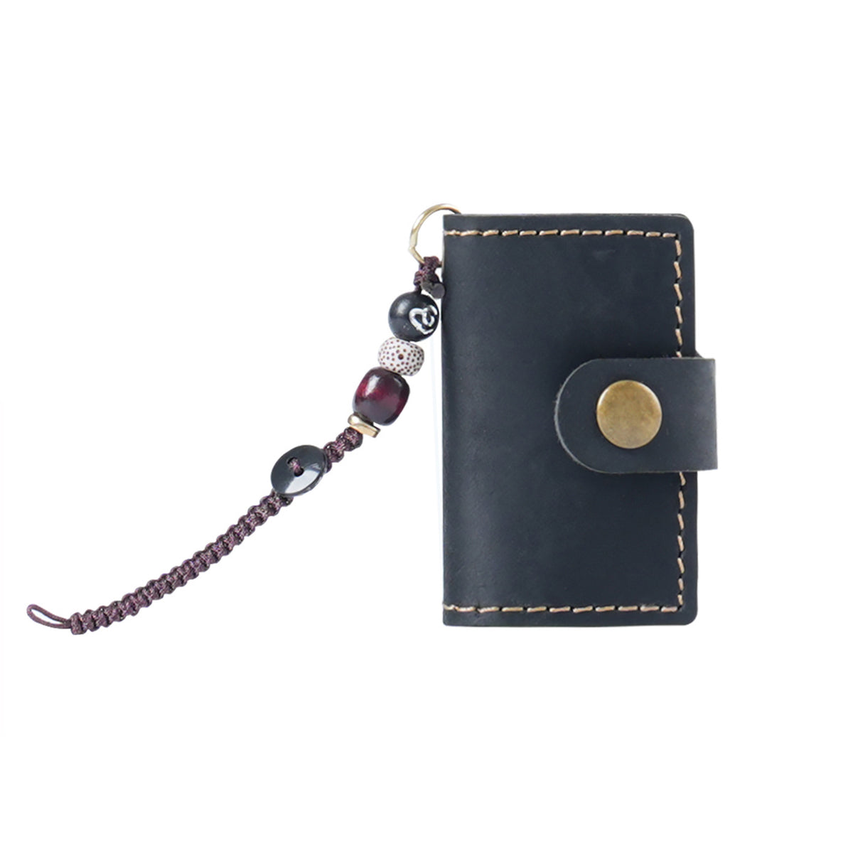 Black mini leather traveler's notebook charm with bead cord