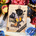 Black rose stickers in a moody junk journal spread with book pages and wax seal