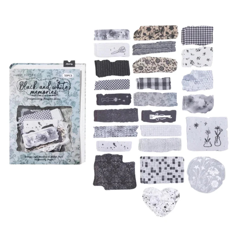 Variant image for the Black and White Memories fabric scrap sticker pack. Shows 50 grayscale and monochrome faux-cloth stickers with hand-torn edges for Dark Academia junk journaling.