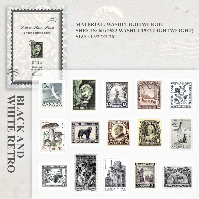 Black and white retro vintage postage stickers with classic monochrome postal stamps