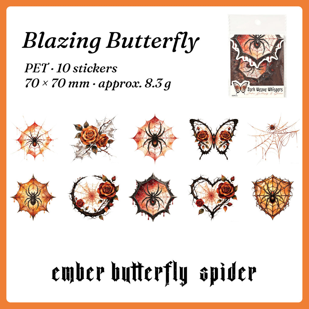 Ember Butterfly Spider stickers — fiery butterflies and webs, 10 pieces