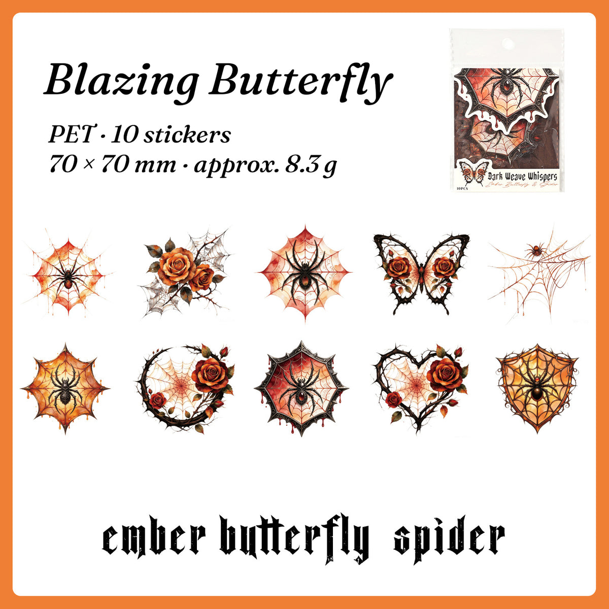 Ember Butterfly Spider stickers — fiery butterflies and webs, 10 pieces