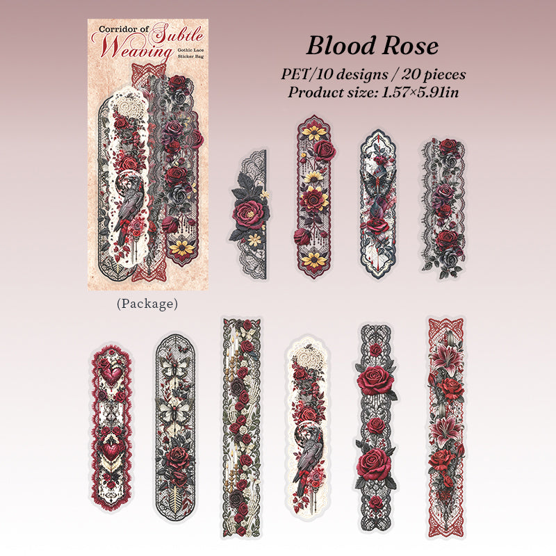 Blood Rose gothic lace stickers — 10 designs, 20 pieces, waterproof PET