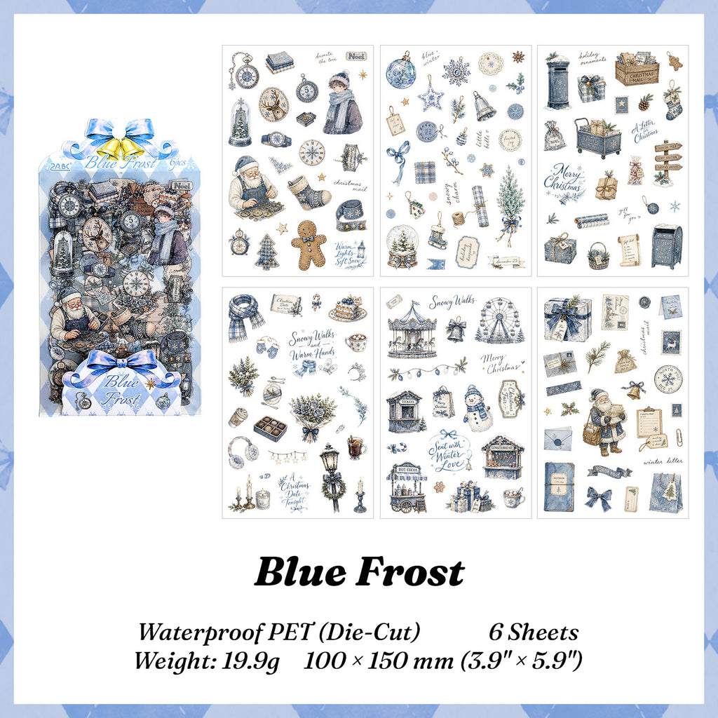Blue Frost Christmas sticker pack with 6 die-cut sheets - blue watercolor Santa, snow globes, carousel and winter post designs