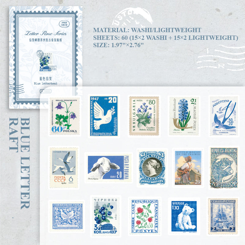 Blue letter raft vintage postage stickers with ocean-inspired postal ephemera designs