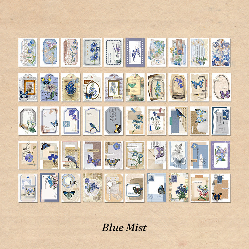 Complete 50-sticker sheet layout for Blue Mist theme showing cool blue water and misty floral illustrations in grid pattern