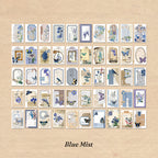 Complete 50-sticker sheet layout for Blue Mist theme showing cool blue water and misty floral illustrations in grid pattern