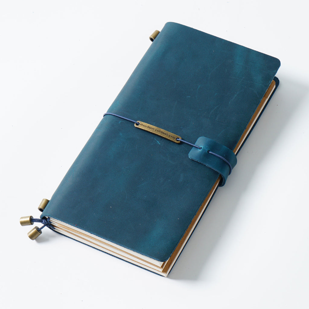 Blue crazy horse leather traveler's notebook, front view