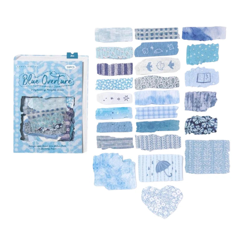 Variant image for the Blue Overture fabric scrap sticker pack. Showcases 50 blue aesthetic faux-cloth stickers with distressed edges, ideal for creative bullet journal themes.