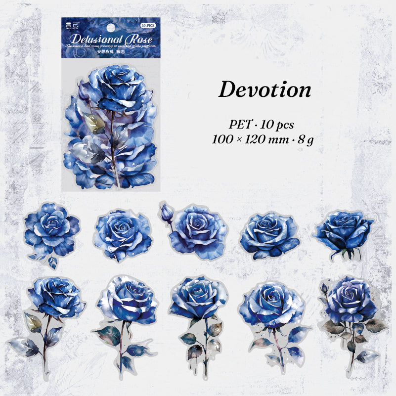 Delusional Rose stickers style 1 — blue rose illustrations, 10 pieces