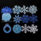 Blue and white laser cut snowflake and ornament pieces on black