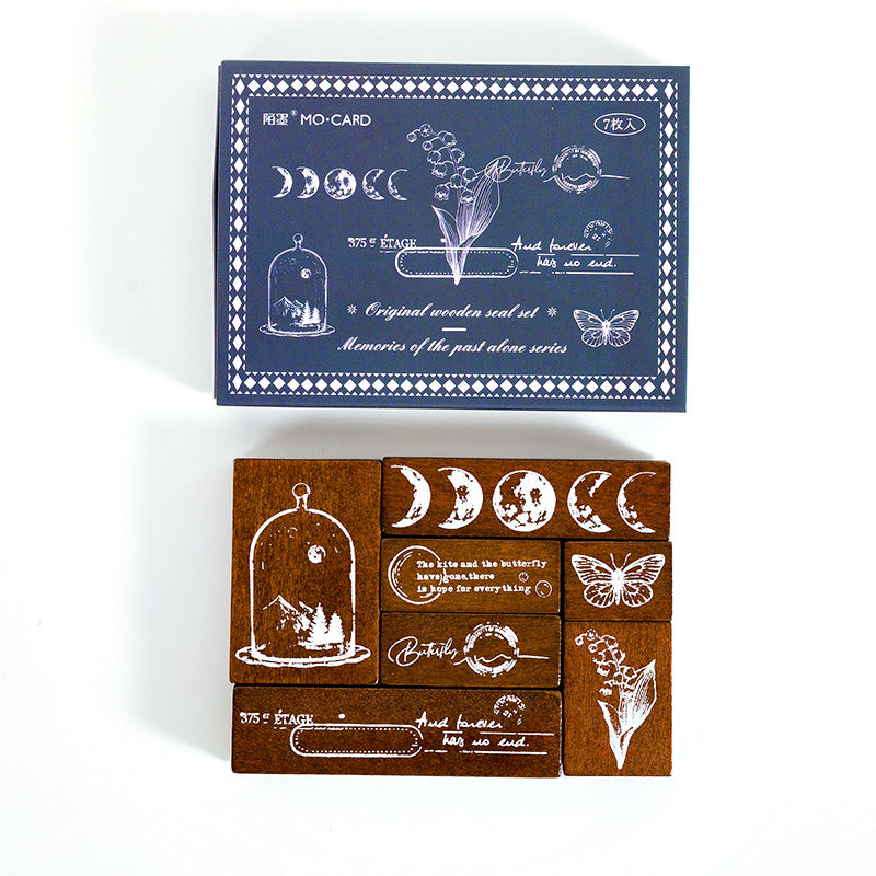 Blue themed wooden stamp set — 7 pieces with wild wind motifs