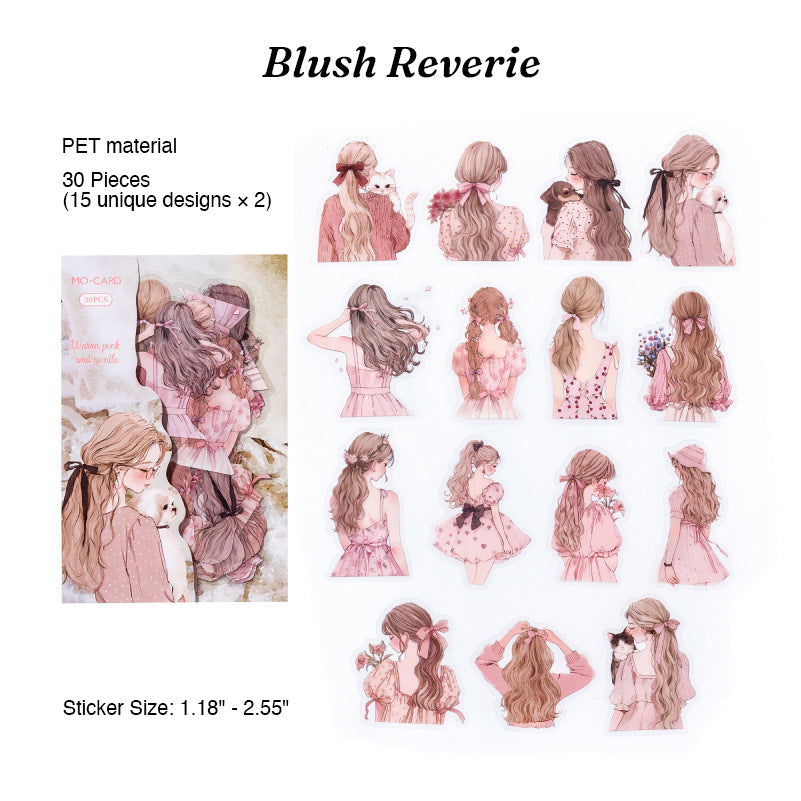 Variant image of the Blush Reverie aesthetic transparent PET girl stickers, marked with number 1. The packaging features soft pink watercolor art of a girl in a beret. The pack contains die-cut silhouette stickers of girls from behind, set on a rustic wooden desk with dried autumn leaves. Ideal for vintage scrapbooking and bullet journaling.