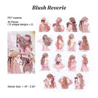 Variant image of the Blush Reverie aesthetic transparent PET girl stickers, marked with number 1. The packaging features soft pink watercolor art of a girl in a beret. The pack contains die-cut silhouette stickers of girls from behind, set on a rustic wooden desk with dried autumn leaves. Ideal for vintage scrapbooking and bullet journaling.