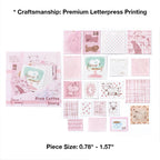 Variant image for the Blush Poetry style of the vintage letterpress faux postage stamp ephemera pack. Showcases 20 detailed die-cut stamps in pink and peach hues featuring cute animal, floral, and teacup motifs, letterpress printed on premium textured specialty papers.