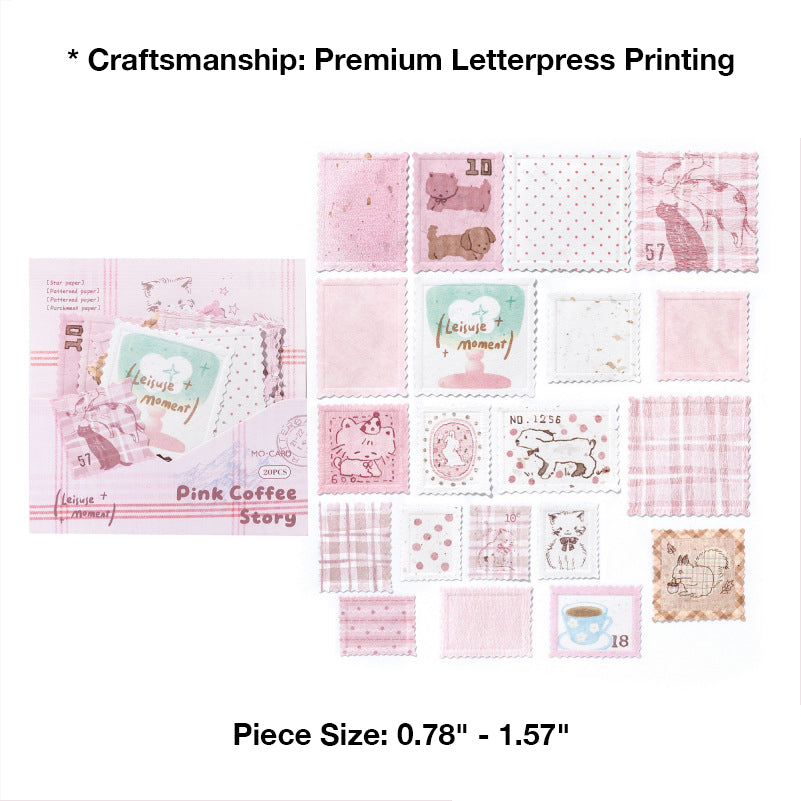 Variant image for the Blush Poetry style of the vintage letterpress faux postage stamp ephemera pack. Showcases 20 detailed die-cut stamps in pink and peach hues featuring cute animal, floral, and teacup motifs, letterpress printed on premium textured specialty papers.