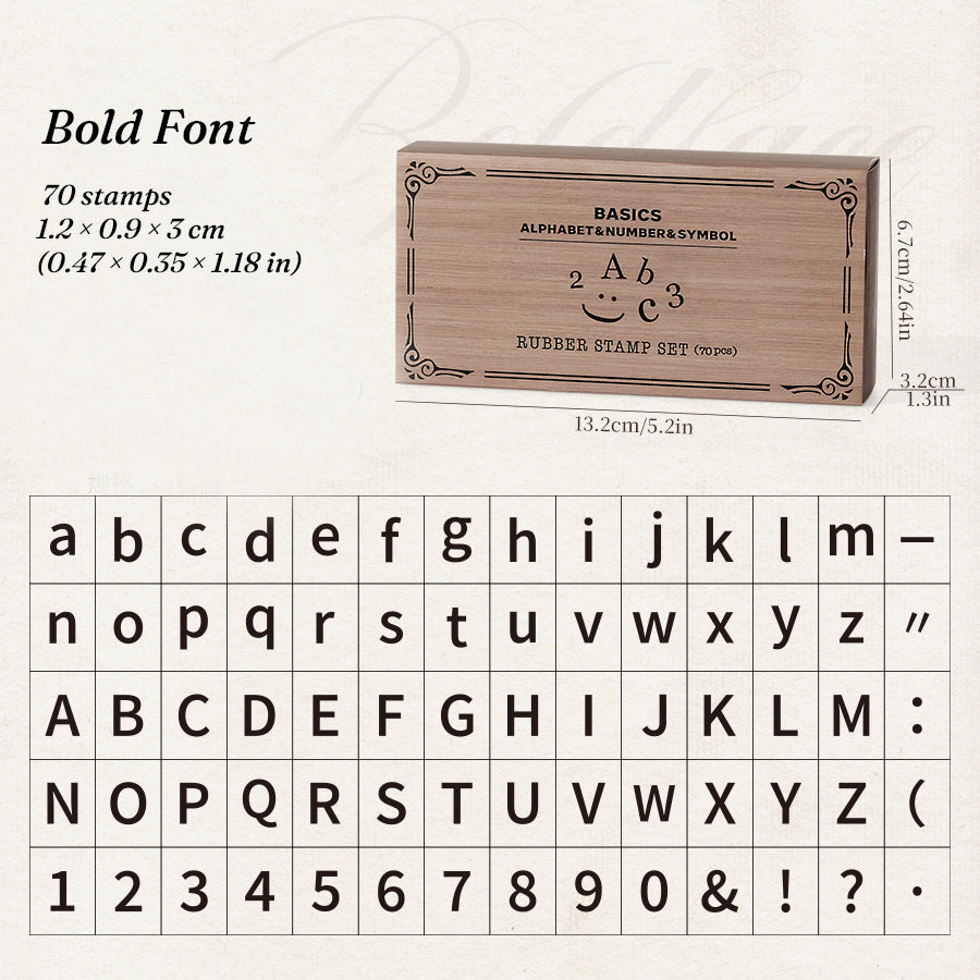 Bold font alphabet stamp chart showing uppercase, lowercase, numbers and symbols