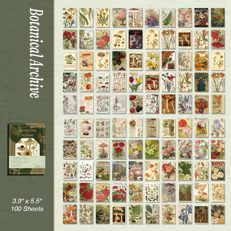 Vintage botanical flower and mushroom illustrations for cottagecore scrapbooking