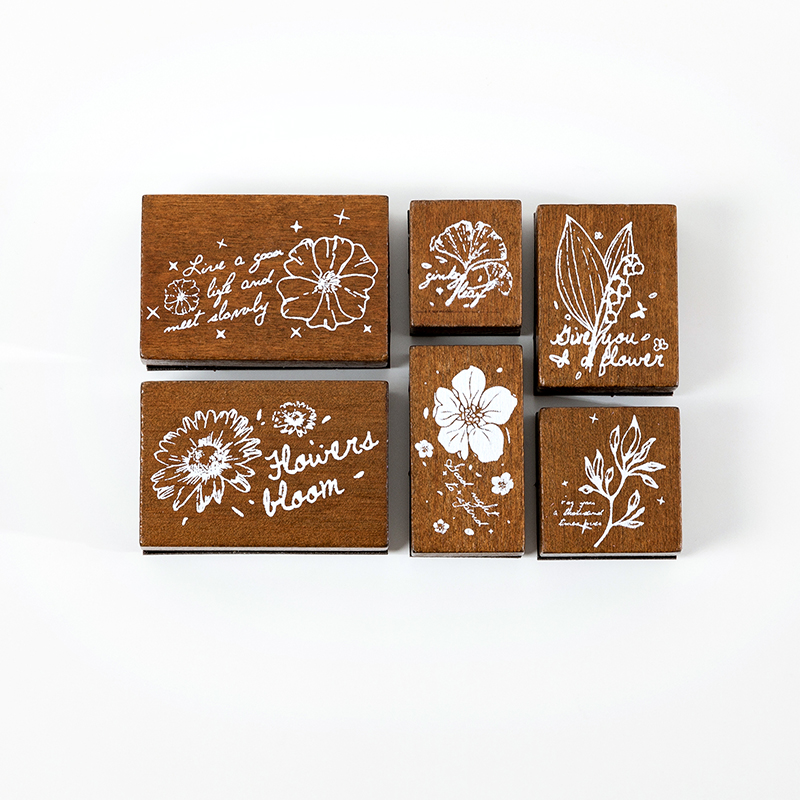 Botanical secret garden vintage line art wood stamp set
