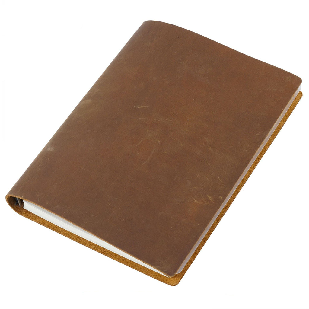 Brown B5 leather ring binder journal with refill pages on white