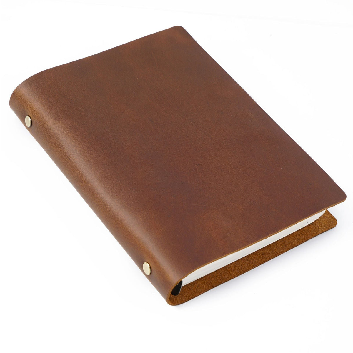 Brown crazy horse leather A5 notebook with brass ring binder and natural patina finish.
